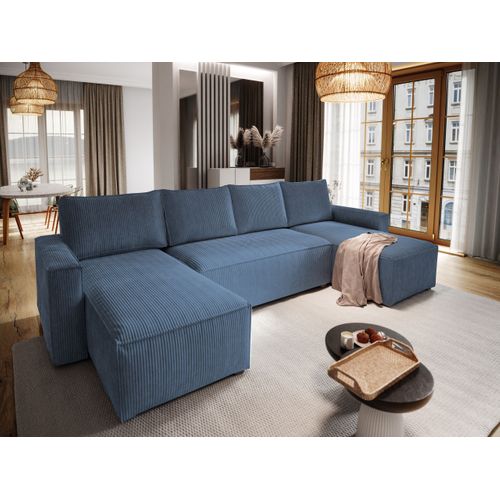Canapé D'angle Aspra Bleu En Velours Côtelé Avec Fonction De Couchage