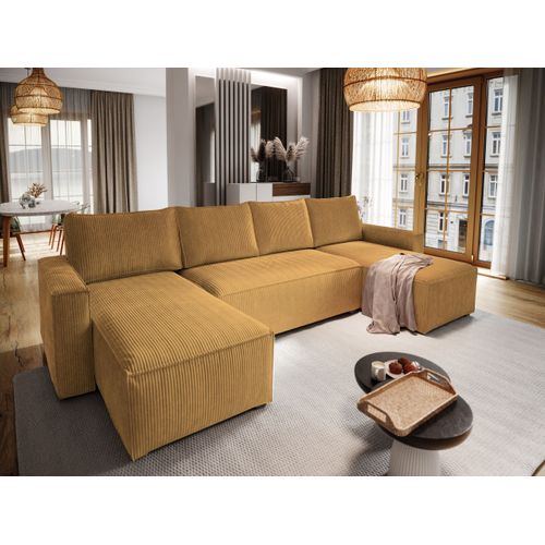 Canapé D'angle Aspra Jaune En Velours Côtelé Avec Fonction De Couchage