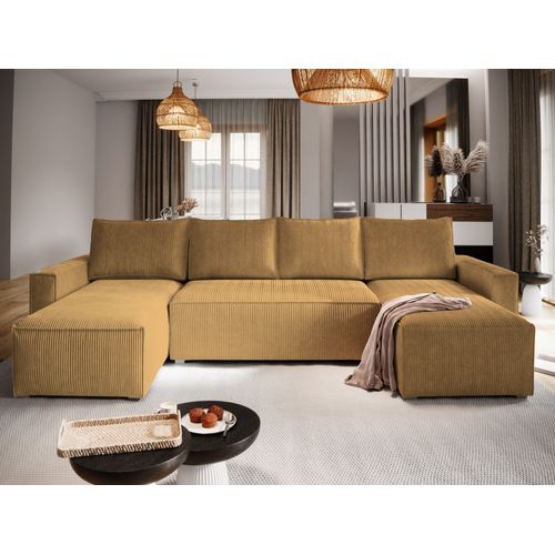 Canapé D'angle Aspra Jaune En Velours Côtelé Avec Fonction De Couchage