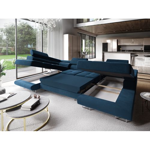 Canapé D'angle Casone Bleu En Velours Avec Fonction De Couchage