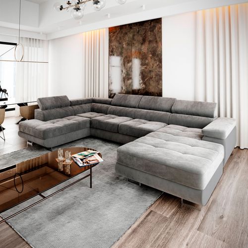 Canapé D'angle Casone Gris En Velours Avec Fonction De Couchage