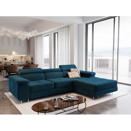 Canapé D'angle Elma Bleu En Velours Avec Fonction De Couchage