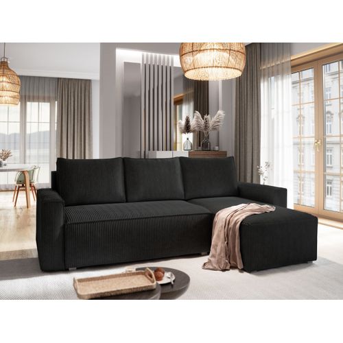 Canapé D'angle Potaro Noir En Velours Côtelé Avec Fonction De Couchage