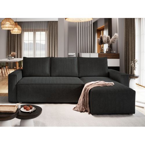 Canapé D'angle Potaro Noir En Velours Côtelé Avec Fonction De Couchage