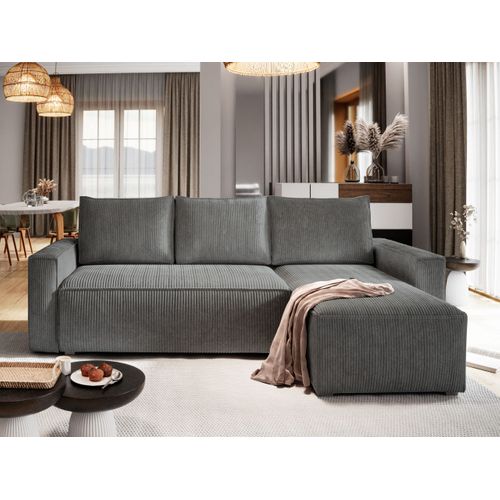 Canapé D'angle Potaro Gris En Velours Côtelé Avec Fonction De Couchage