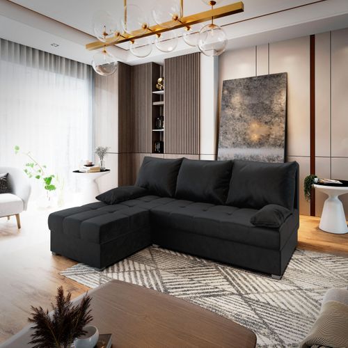 Canapé D'angle Rita Noir En Peluche Avec Fonction De Couchage