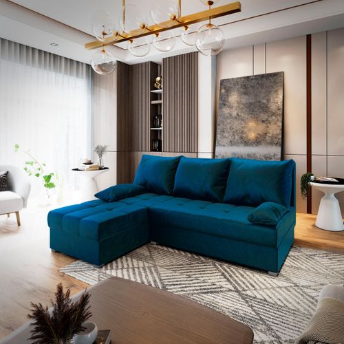Canapé D'angle Rita Bleu En Peluche Avec Fonction De Couchage