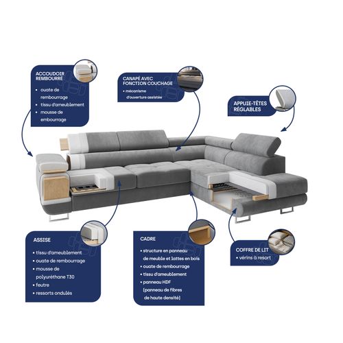 Canapé D'angle Selva Crème En Velours Avec Fonction De Couchage