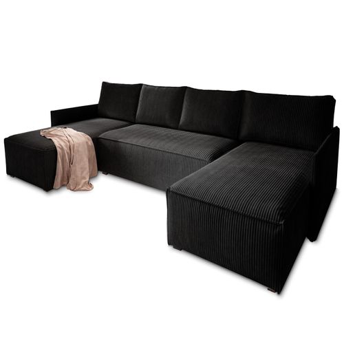 Canapé D'angle Tres Noir En Velours Côtelé Avec Fonction De Couchage