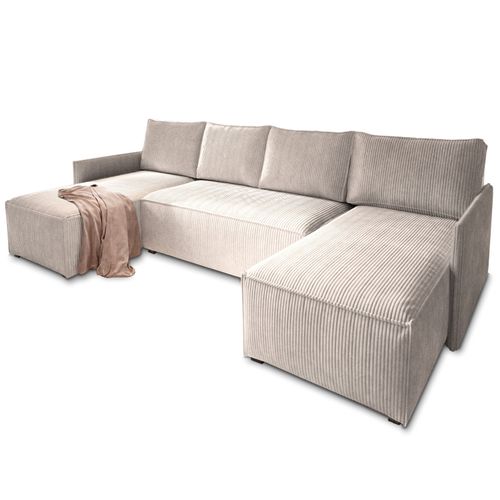 Canapé D'angle Tres Crème En Velours Côtelé Avec Fonction De Couchage