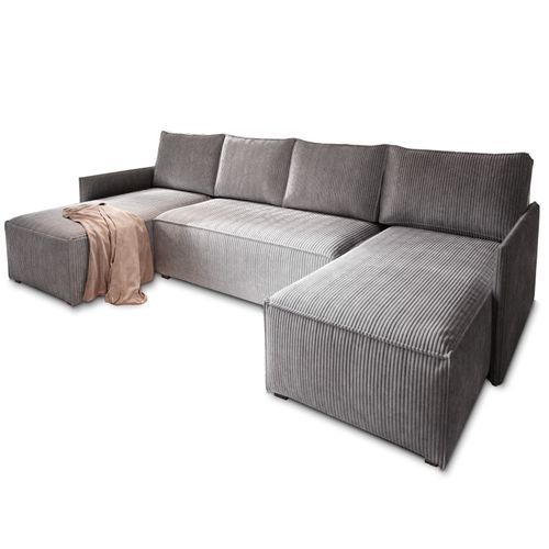 Canapé D'angle Tres Gris En Velours Côtelé Avec Fonction De Couchage