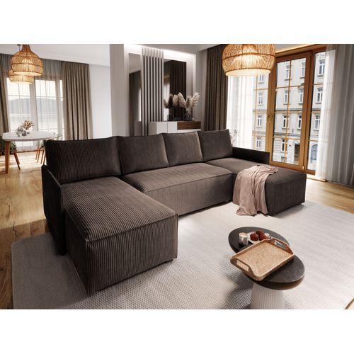 Canapé D'angle Tres Marron En Velours Côtelé Avec Fonction De Couchage