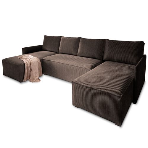 Canapé D'angle Tres Marron En Velours Côtelé Avec Fonction De Couchage