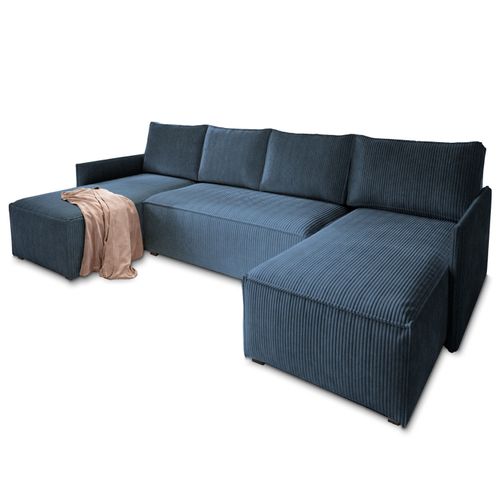 Canapé D'angle Tres Bleu En Velours Côtelé Avec Fonction De Couchage