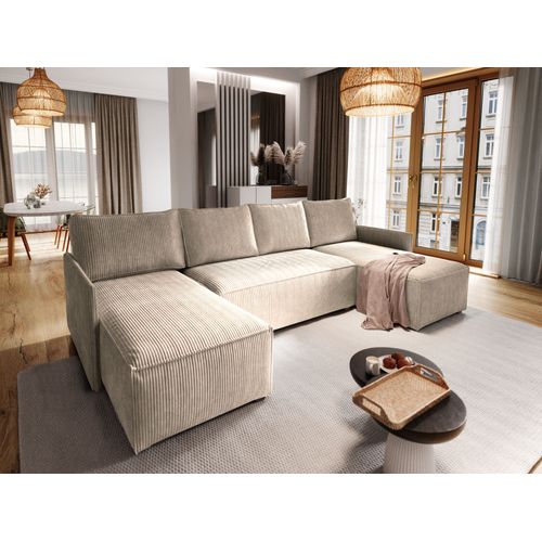 Canapé D'angle Tres Beige En Velours Côtelé Avec Fonction De Couchage