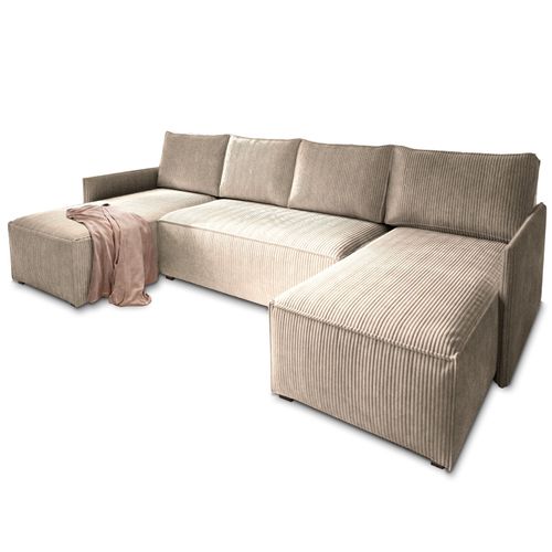 Canapé D'angle Tres Beige En Velours Côtelé Avec Fonction De Couchage