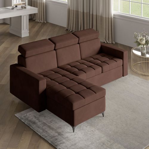 Canapé D'angle Kame Marron En Peluche Avec Fonction De Couchage