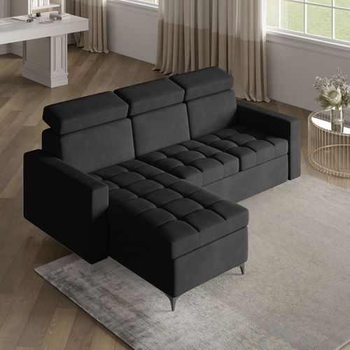 Canapé D'angle Kame Noir En Peluche Avec Fonction De Couchage