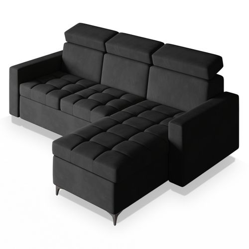 Canapé D'angle Kame Noir En Peluche Avec Fonction De Couchage