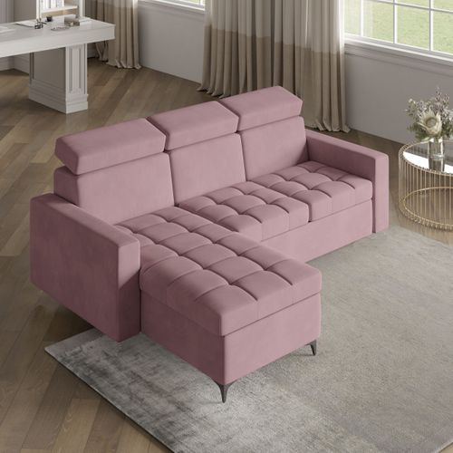 Canapé D'angle Kame Rose En Peluche Avec Fonction De Couchage