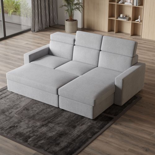 Canapé D'angle Padwa Gris Clair En Velours Côtelé Avec Fonction De Couchage