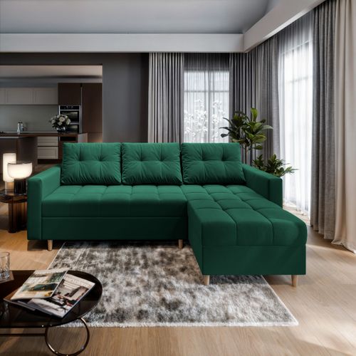 Canapé D'angle Milo Vert Sapin En Peluche Avec Fonction De Couchage