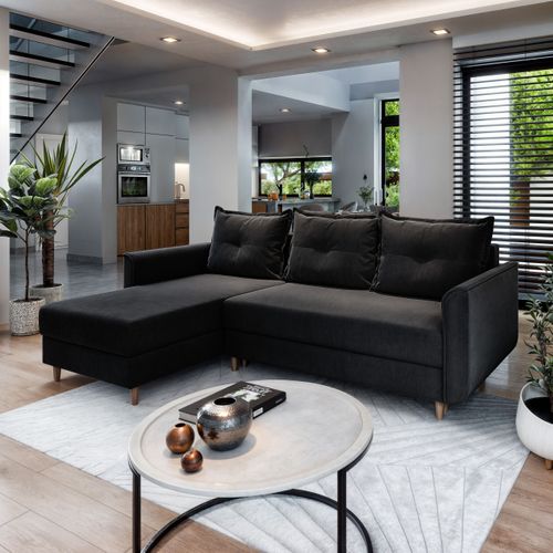 Canapé D'angle Pisan Noir En Peluche Avec Fonction De Couchage