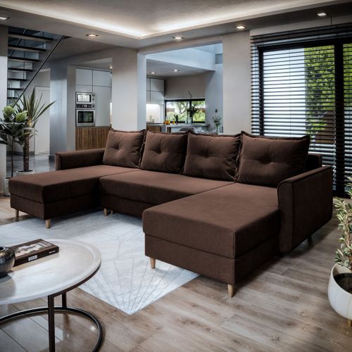 Canapé D'angle Verni Marron En Peluche Avec Fonction De Couchage