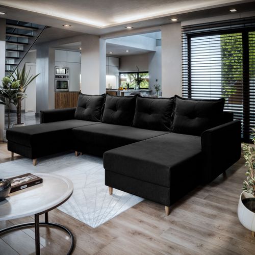 Canapé D'angle Verni Noir En Peluche Avec Fonction De Couchage