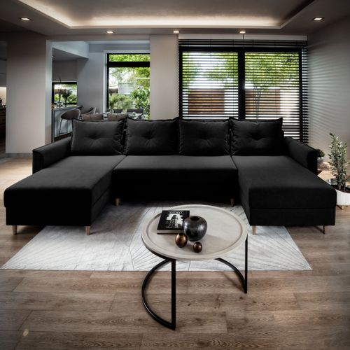 Canapé D'angle Verni Noir En Peluche Avec Fonction De Couchage