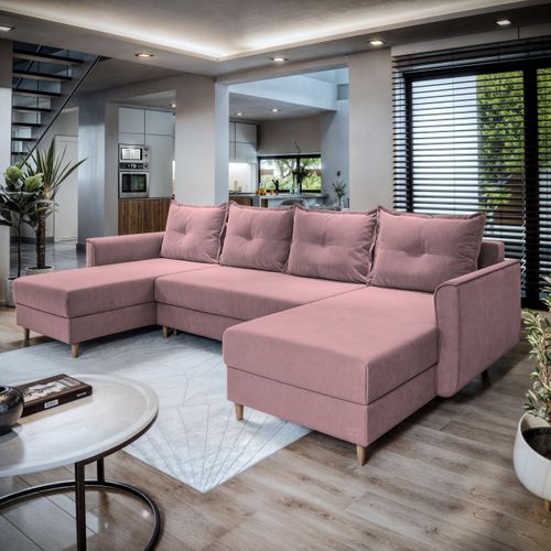 Canapé D'angle Verni Rose En Peluche Avec Fonction De Couchage