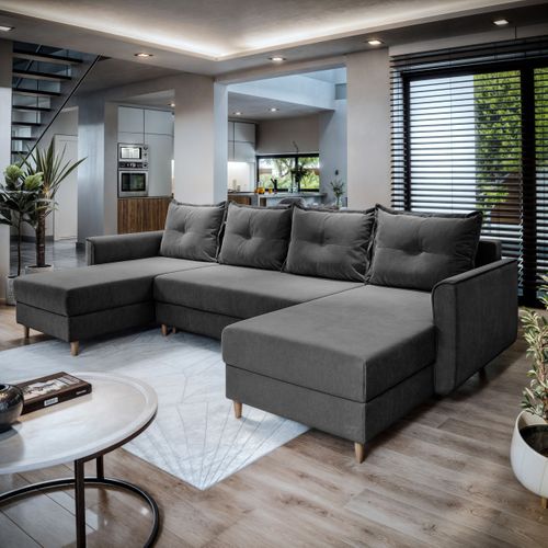 Canapé D'angle Verni Gris En Peluche Avec Fonction De Couchage