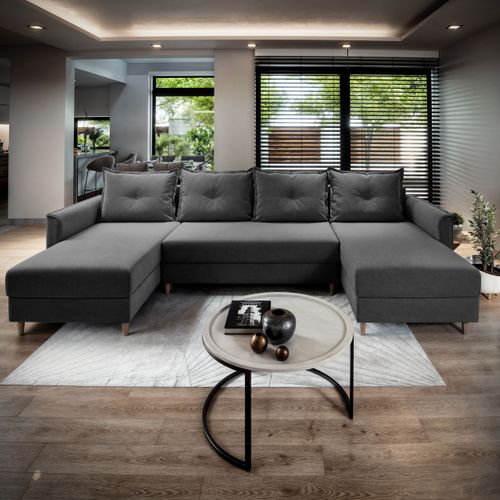 Canapé D'angle Verni Gris En Peluche Avec Fonction De Couchage