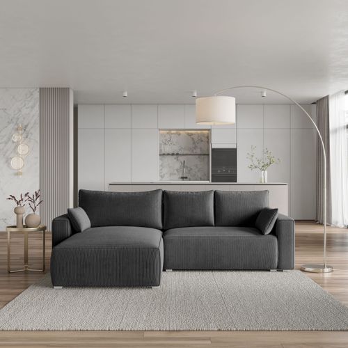 Canapé D'angle Foril Gris En Velours Côtelé Avec Fonction De Couchage