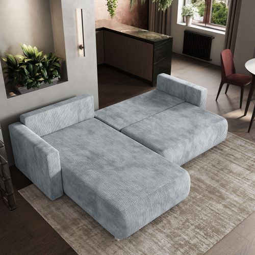 Canapé D'angle Turin Gris Clair En Velours Côtelé Avec Fonction De Couchage