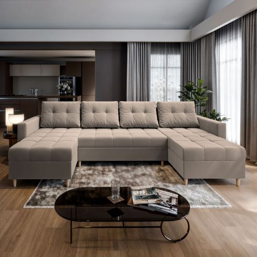 Canapé D'angle Milo Beige En Peluche Avec Fonction De Couchage