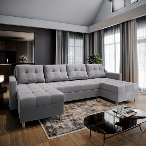 Canapé D'angle Milo Gris Clair En Peluche Avec Fonction De Couchage