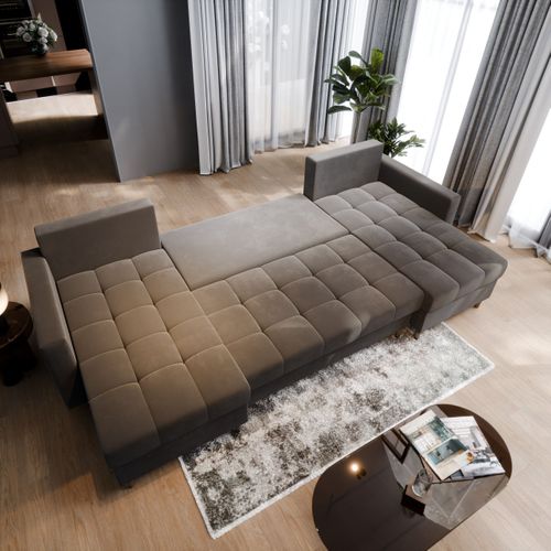 Canapé D'angle Milo Gris Clair En Peluche Avec Fonction De Couchage