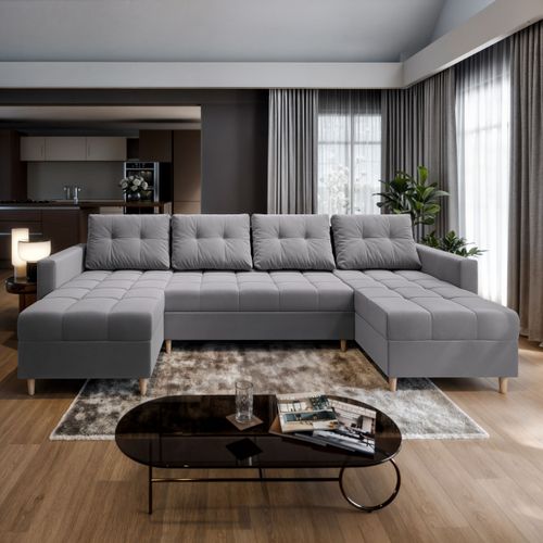 Canapé D'angle Milo Gris Clair En Peluche Avec Fonction De Couchage