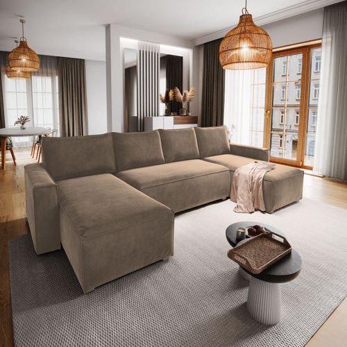 Canapé D'angle Deni Beige En Velours Avec Fonction De Couchage
