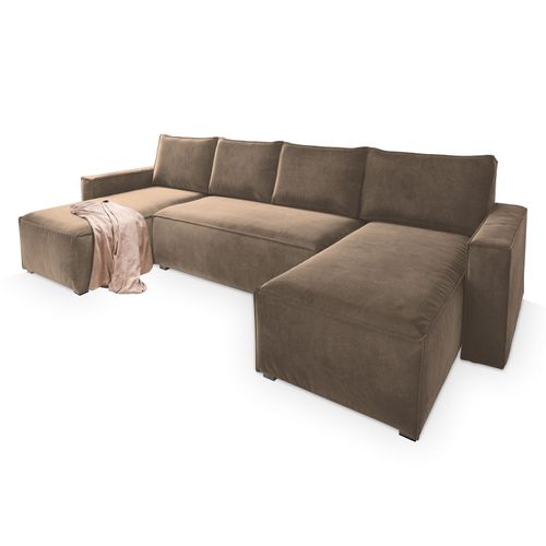 Canapé D'angle Deni Beige En Velours Avec Fonction De Couchage