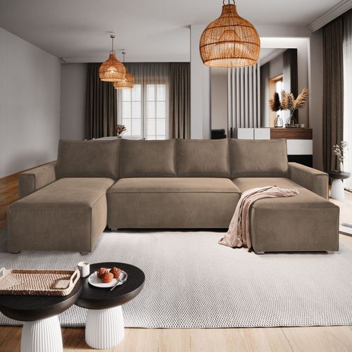 Canapé D'angle Deni Beige En Velours Avec Fonction De Couchage