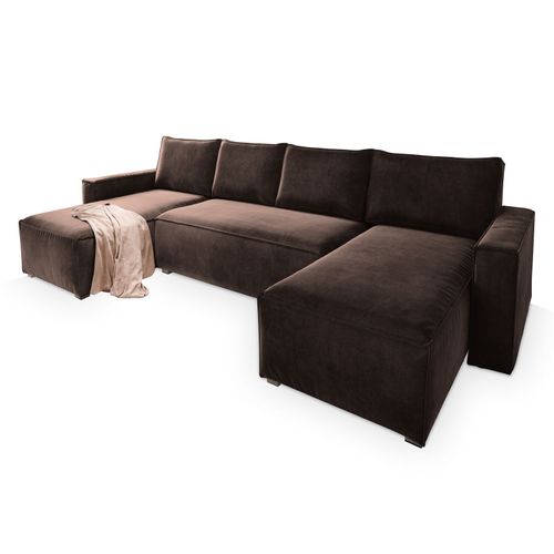 Canapé D'angle Deni Marron En Velours Avec Fonction De Couchage