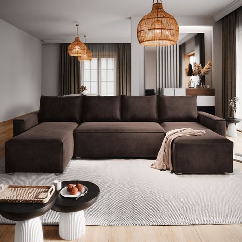 Canapé D'angle Deni Marron En Velours Avec Fonction De Couchage