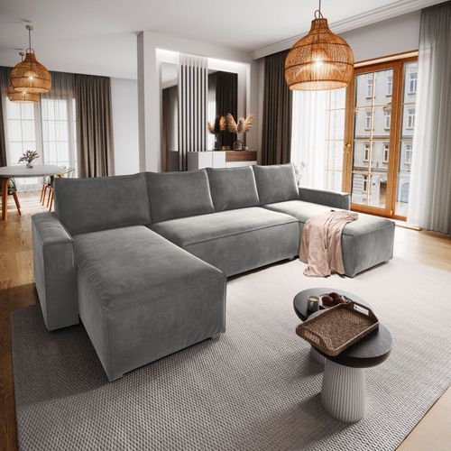 Canapé D'angle Deni Gris Clair En Velours Avec Fonction De Couchage