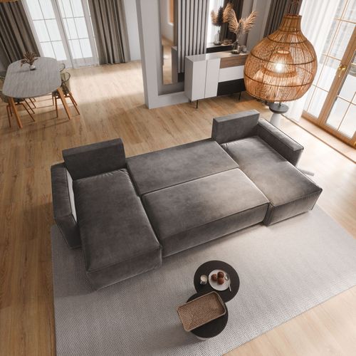 Canapé D'angle Deni Gris Clair En Velours Avec Fonction De Couchage