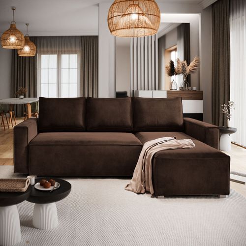 Canapé D'angle Siles Marron En Velours Avec Fonction De Couchage