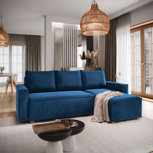 Canapé D'angle Siles Bleu En Velours Avec Fonction De Couchage