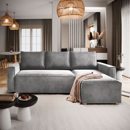 Canapé D'angle Siles Gris Clair En Velours Avec Fonction De Couchage