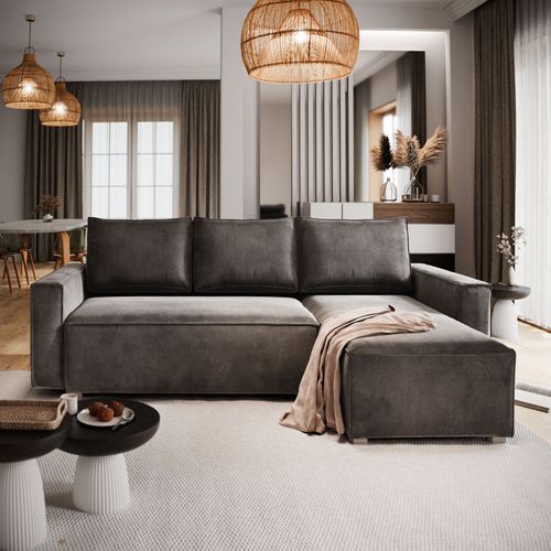 Canapé D'angle Siles Gris En Velours Avec Fonction De Couchage